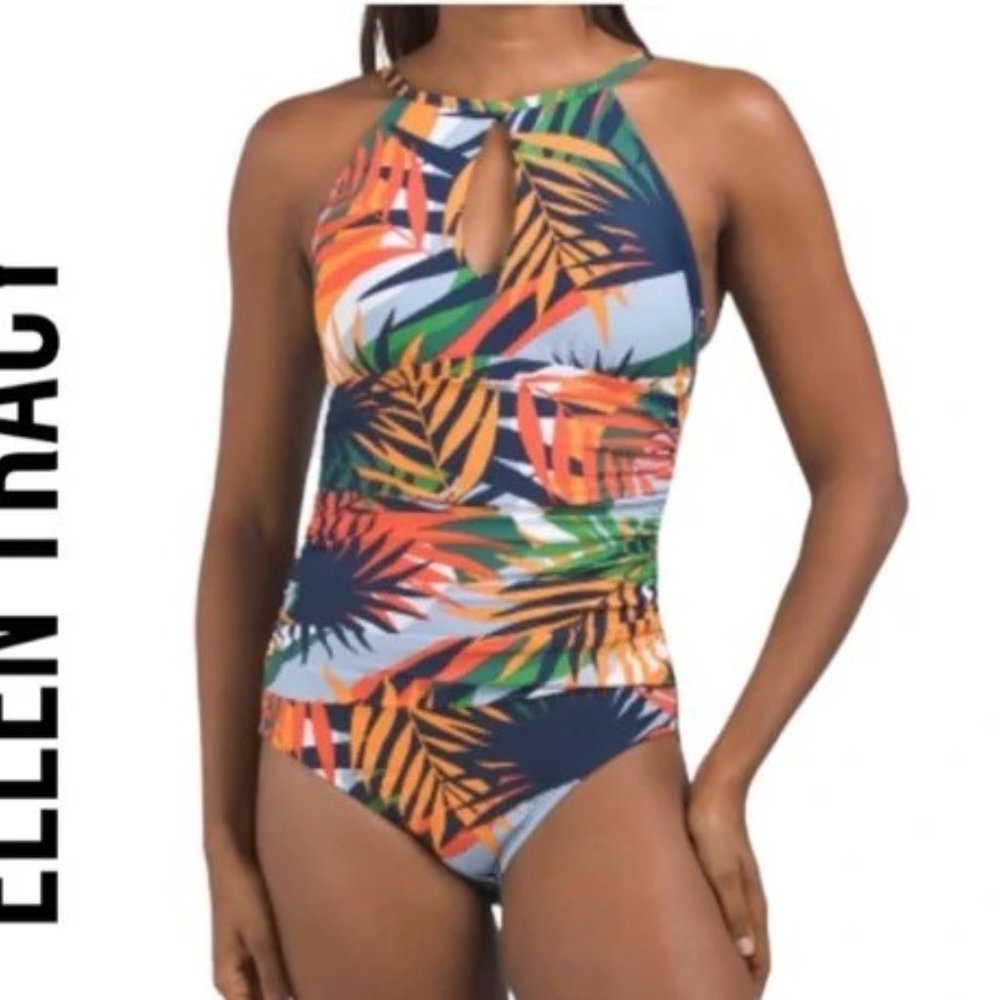 NWOT Ellen Tracy Cabo Breeze High Neck One-Piece Keyhole Swimsuit